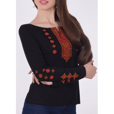 Embroidered t-shirt with long sleeves "Ornament" red on black